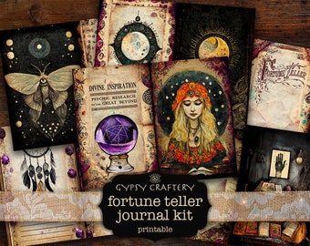 May include: A printable fortune teller journal kit with a vintage aesthetic. The kit includes images of a crystal ball, a moth, a dreamcatcher, a woman with a flower crown, and a hand with a tarot card. The text on the images reads "Divine Inspiration", "Psychic Research of the Great Beyond", and "Fortune Teller".