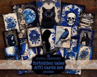 May include: A collection of printable ATC cards with a gothic theme. The cards feature illustrations of a black cat, a skull, a raven, and other dark imagery in shades of blue and white. The text "Forbidden Tales ATC cards set" is visible.