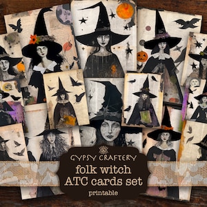 Cartes ATC Folk Witch, Cartes pour journal indésirable, Éphémères imprimables, Téléchargement numérique, Scrapbooking, Créations créatives en papier, Collage, Technique mixte
