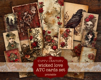 Wicked Love ATC Cards, Junk Journal Cards, Printable Journaling Cards, Digital Download, Scrapbooking, Paper Crafts