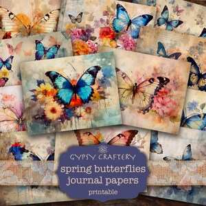 Carta per diario con farfalle primaverili, pagine di diario stampabili, pacchetto di carta digitale, scrapbooking, floreale, shabby chic, acquerello