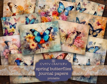 Butterfly Junk Journal Pages, Spring Floral Ephemera (Digital Paper Pack)