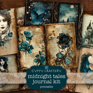 Midnight Tales Junk Journal Kit, Digital Download, Printable Pages, Ephemera, Bookmarks, ATC Cards, Goth Fantasy, Blue Roses