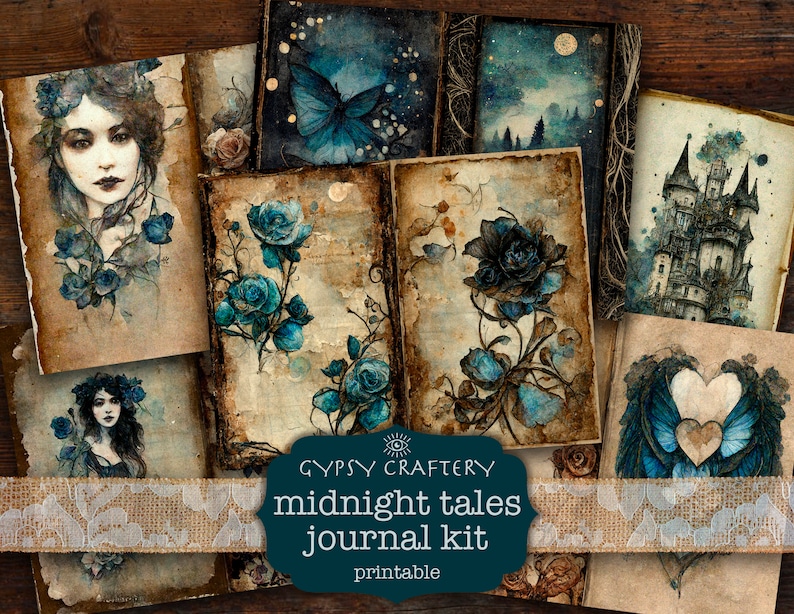 Midnight Tales Junk Journal Kit, Goth Blue Roses Ephemera (digital ...