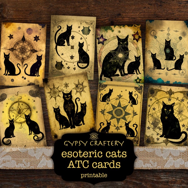 Esoteric Cats Artist Trading Cards, Printable Ephemera, Digital Download, ATC Cards, Witch Junk Journal Supplies, Scrapbook
