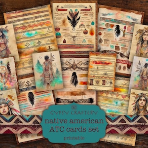 Carte ATC dei nativi americani, carte di giornale spazzatura, carte di giornale stampabili, download digitale, scrapbooking, artigianato di carta