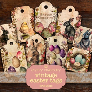 Vintage Osterkaninchen Tags, druckbares Osterjournal Ephemera, Frühlingsjunkjournal, Osteretiketten, Hase, Küken, Eier, Scrapbooking