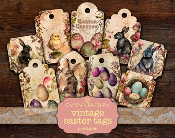 Etichette vintage con coniglietti pasquali, elementi decorativi primaverili stampabili (download digitale)