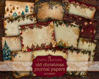 Op de afbeelding: Een verzameling vintage kerstjournaalpapieren met diverse ontwerpen. De papieren bevatten illustraties van kerstbomen, bladeren en decoratieve randen. De tekst "GYPSY CRAFTERY old christmas journal papers printable" is zichtbaar.