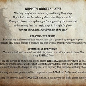 May include: Text on a vintage-style background with a cartoon wizard illustration. The text reads "Support Original Art!" and includes terms of use for personal and commercial use of digital designs. The text states that designs are sold exclusively in the Etsy shop and that reselling, redistribution, or sharing of the files in digital form is prohibited. The text also states that printing the files to create physical handmade products is allowed as long as the final product is significantly altered. The text also states that mass production, selling to companies, or using print-on-demand websites is prohibited. The text also states that the total sales may not exceed 1000 EUR.