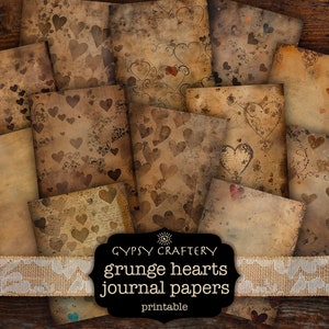 Grunge Hearts Junk Journal Papers, Scrapbooking Paper, Card Making, Junk Journal Pages, Old Paper Textures, Digital Download