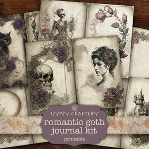 Romantische Goth Junk Journal Kit, afdrukbare pagina's, kortstondige, bladwijzers, ATC-kaarten, benodigdheden voor journaling, rozen, schedel, Victoriaans
