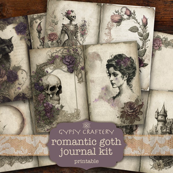 Romantic Goth Junk Journal Kit, Printable Pages, Ephemera, Bookmarks, ATC Cards, Journaling Supplies, Roses, Skull, Victorian