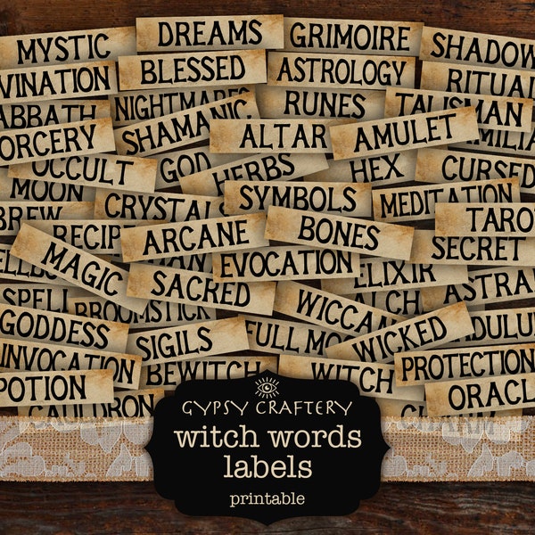 Witch Words Labels, Printable Grimoire Words, Book of Shadows, Witchcraft, Witch Ephemera, Scrapbooking, Witchy Paper Crafts, Wiccan