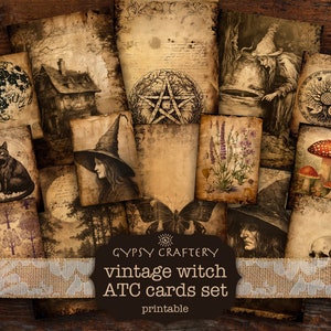 Vintage heks ATC-kaarten, ongewenste dagboekkaarten, afdrukbare ephemera, digitale download, scrapbooking, papierkunst, journaling, occult