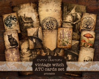 Vintage Witch ATC Cards, Junk Journal Cards, Printable Ephemera, Digital Download, Scrapbooking, Paper Crafts, Journaling, Occult