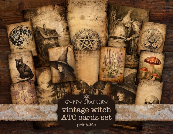 Vintage Witch ATC Cards, Printable Ephemera (Digital Download)