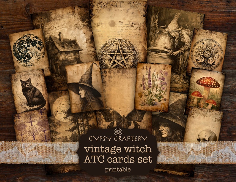 May include: A set of 12 printable vintage witch themed ATC cards. The cards feature images of a witch, a cat, a moon, a house, a pentagram, mushrooms, a skull, a forest, and a butterfly. The cards are perfect for scrapbooking, card making, and other crafting projects.