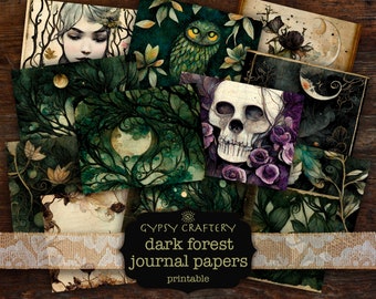 May include: A collection of dark forest journal papers with watercolor illustrations. The images feature a skull, an owl, a woman's face, and botanical elements in shades of green, purple, and cream. The text on the label reads "dark forest journal papers printable."