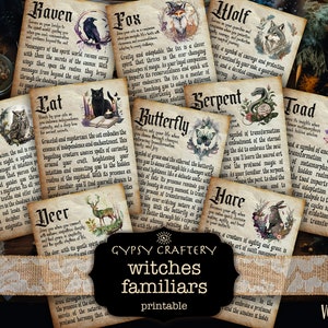 Cartões imprimíveis de familiares de bruxas, páginas de grimório digital, páginas do livro das sombras, guia espiritual animal, diário de bruxa, itens mágicos efêmeros