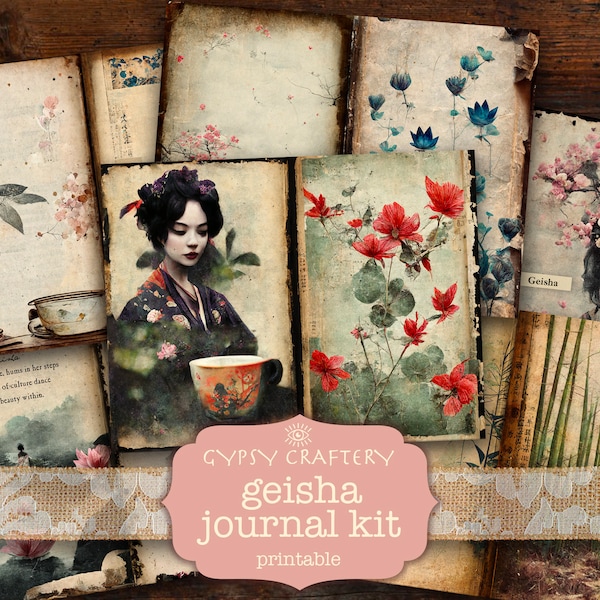 Geisha Junk Journal Kit, Journal Ephemera, Printable Junk Journal Pages, Scrapbooking, ATC Cards, Bookmarks, Tags, Digital Paper