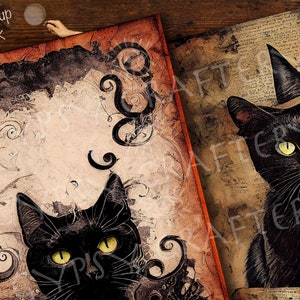 May include: Two vintage-style illustrations of black cats. The first image features a black cat with green eyes looking up at the viewer, set against a background of swirling floral patterns. The second image features a black cat wearing a witch's hat, with a background of old text.