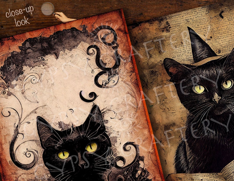 May include: Two vintage-style illustrations of black cats. The first image features a black cat with green eyes looking up at the viewer, set against a background of swirling floral patterns. The second image features a black cat wearing a witch's hat, with a background of old text.