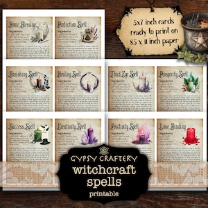 May include: Printable 5x7 inch cards featuring 10 different witchcraft spells with ingredients and instructions. The cards are ready to print on 8.5 x 11 inch paper. The cards have a vintage aesthetic with watercolor illustrations and handwritten text.