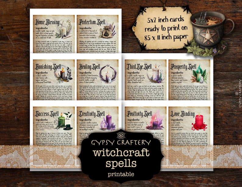 May include: Printable 5x7 inch cards featuring 10 different witchcraft spells with ingredients and instructions. The cards are ready to print on 8.5 x 11 inch paper. The cards have a vintage aesthetic with watercolor illustrations and handwritten text.