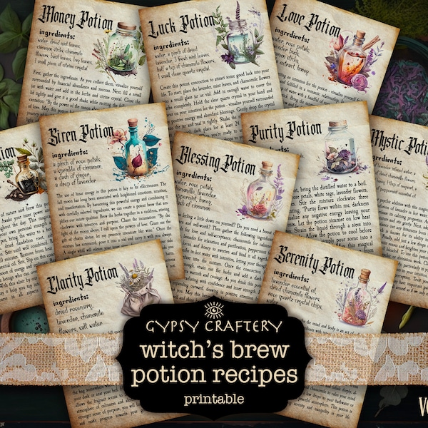 Witch’s Brew Potion Recipes, Printable Grimoire Cards, Bos Pages, Book of Shadows, Witch Spell Book, Witchy Ephemera, Witch Journal