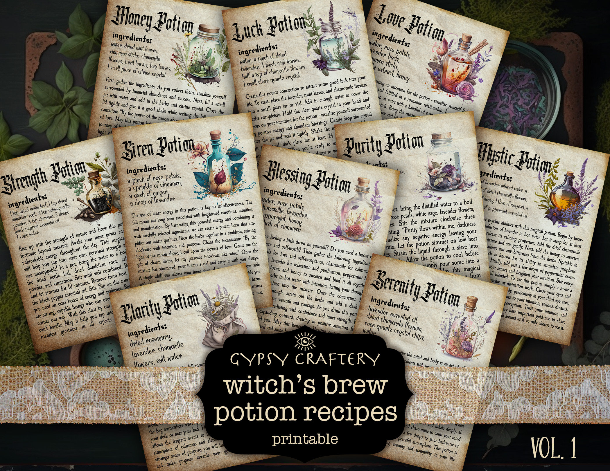 Witch’s Brew Potion Recipes, Printable Grimoire Cards, Bos Pages, Book of Shadows, Witch Spell Book, Witchy Ephemera, Witch Journal