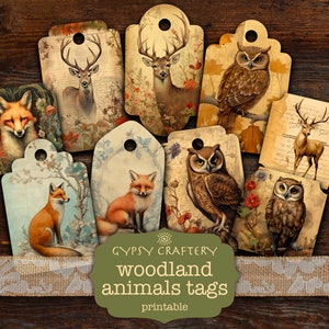 Etiquetas de diário de lixo de animais da floresta, itens vintage imprimíveis, etiquetas, suprimentos para scrapbooking, raposa, coruja, veado, floresta, natureza