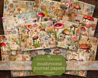 May include: A set of 12 printable digital papers featuring vintage illustrations of mushrooms and flowers. The papers have a distressed, aged look and are perfect for scrapbooking, card making, and other craft projects.
