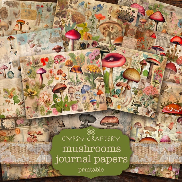 Mushrooms Junk Journal Papers, Printable Journal Pages, Scrapbook Supplies, Vintage Ephemera, Woods, Forest, Botanical