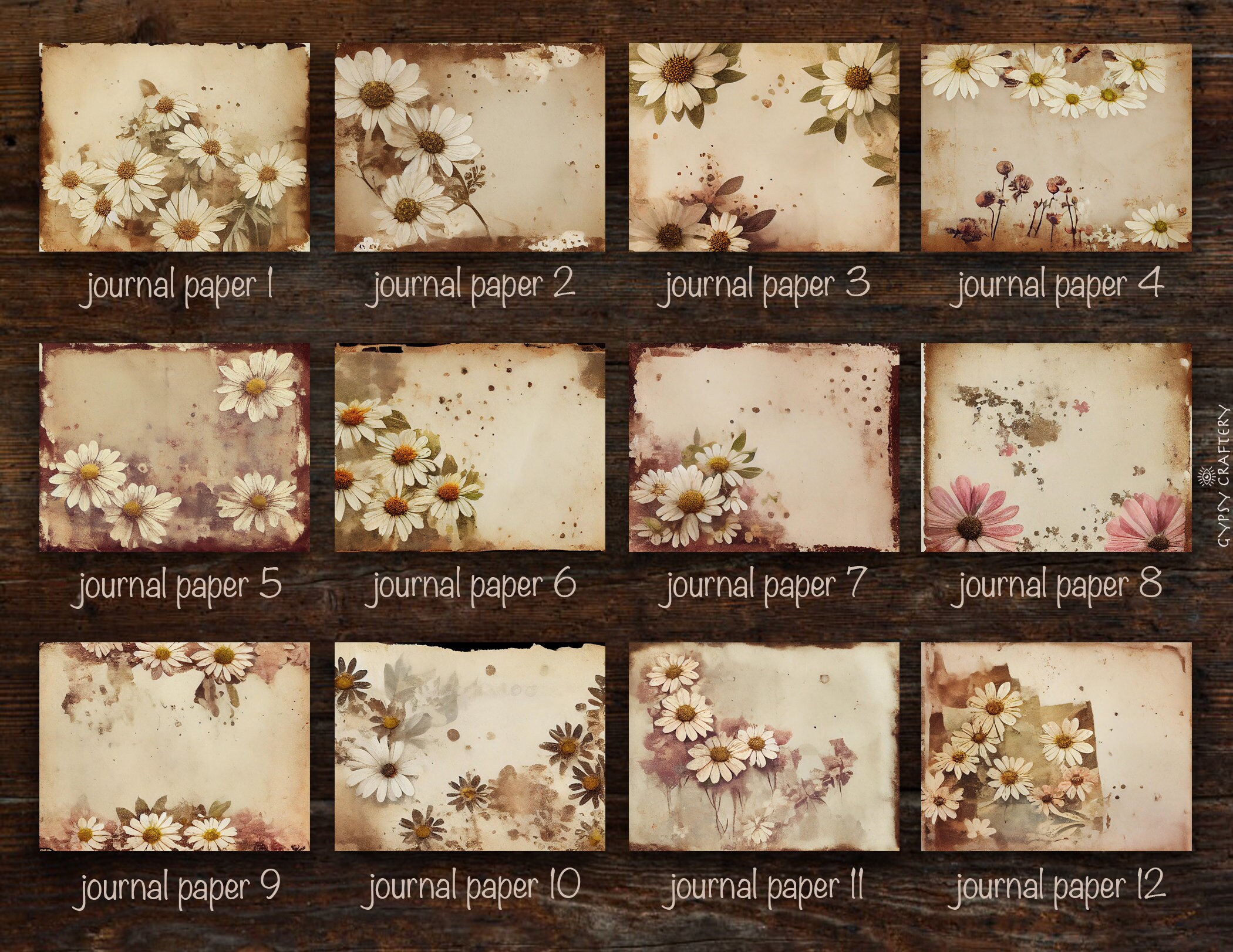 Grunge Daisy Junk Journal Papers, Printable Journal Pages