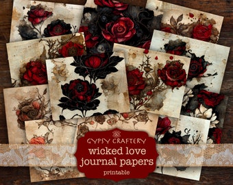 Gothic Red Roses Junk Journal Pages, Printable Scrapbook Paper (Digital Download)