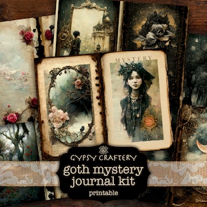 May include: Printable gothic mystery journal kit with images of a woman with dark hair, a moon, and a forest. The kit includes the text "Gypsy Craftery goth mystery journal kit printable".