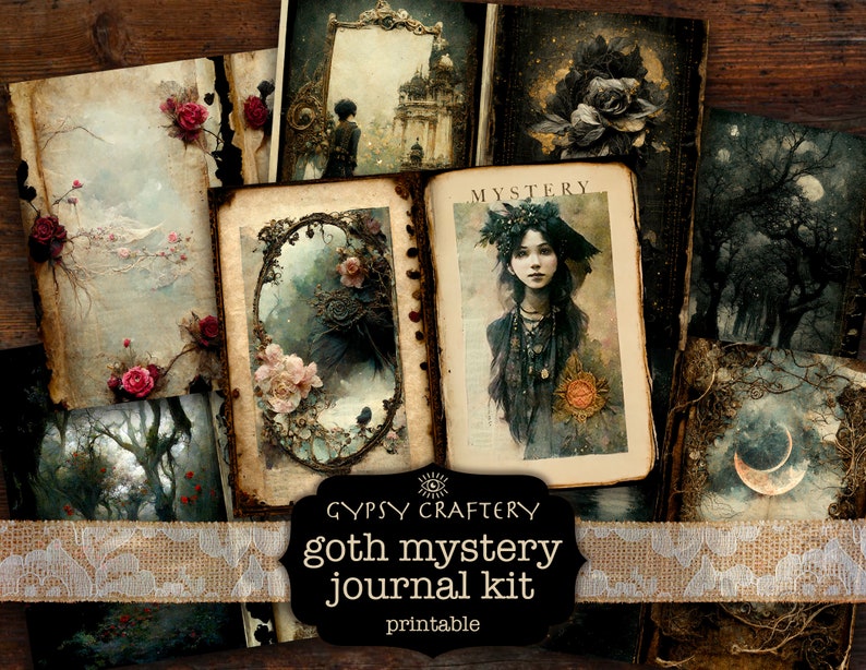 May include: Printable gothic mystery journal kit with images of a woman with dark hair, a moon, and a forest. The kit includes the text "Gypsy Craftery goth mystery journal kit printable".