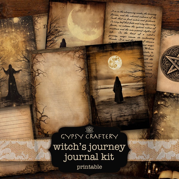 Witch’s Journey Junk Journal Kit, Digital Download, Printable Pages, Ephemera, Bookmarks, ATC Cards, Journaling Supplies, Pagan Goth