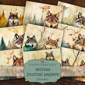 Wolves Junk Journal Papers, Pagine di diario stampabili, Pacchetto di carta digitale, Forniture per album, Natura, Fauna selvatica, Bosco