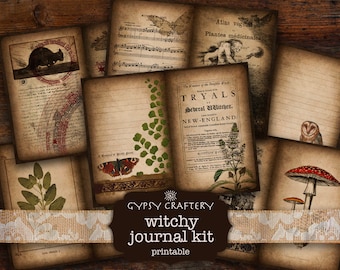 Witchy Junk Journal Kit, afdrukbare grimoirepagina's, papieren verpakking, ephemera, plakboek, collage, hekserij, wicca