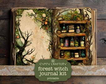 Forest Witch Junk Journal Kit, Digital Download, Printable Pages, Ephemera, Bookmarks, ATC Cards, Scrapbook, Collage, Grimoire