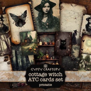 May include: A set of printable cottage witch themed ATC cards. The cards feature images of a witch, a black cat, a cottage in the woods, potion bottles, and other witchy imagery. The cards are perfect for scrapbooking, card making, or other crafting projects.