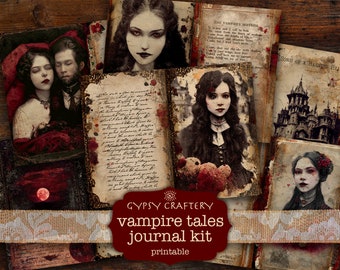 May include: A printable vampire journal kit with a vintage aesthetic. The kit includes images of women with pale skin and dark hair, a castle, and a journal with handwritten text. The text on the image reads "Gypsy Craftery Vampire Tales Journal Kit Printable".