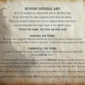 May include: Text on a vintage background with a cartoon wizard illustration. The text reads "Support Original Art!" and includes terms of use for personal and commercial use of digital designs. The text states that designs are sold exclusively in the Etsy shop and that reselling, redistribution, or sharing of the files in digital form is prohibited. The text also states that printing the files to create physical handmade products is allowed as long as the final product is significantly altered. The text also states that mass production, selling to companies, or using print-on-demand websites is prohibited. The text also states that the total sales may not exceed 1000 EUR.
