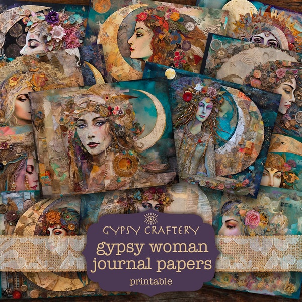 Gypsy Woman Junk Journal Papers, Printable Journal Pages, Digital Paper, Scrapbooking, Crafts, Mystic, Moon, Goddess, Spiritual, Hippie