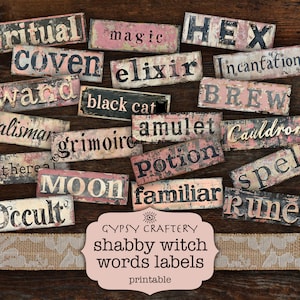 May include: A collection of printable shabby witch words labels with words like ritual, coven, elixir, brew, spell, and runes. The labels are printed on a distressed, vintage-style background with pink and black accents.