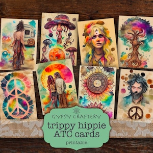 Tarjetas ATC hippies psicodélicas, tarjetas de diario basura, tarjetas de diario imprimibles, descarga digital, álbumes de recortes, manualidades con papel, indie, años 70