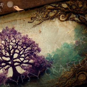 May include: A vintage-style illustration of two trees with intertwined branches. The tree on the left is purple and the tree on the right is brown. The background is a faded, textured paper with the words "close-up look" and "GYPSY CRAFT" printed on it.