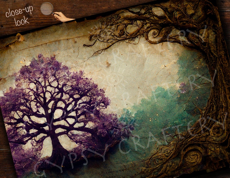 May include: A vintage-style illustration of two trees with intertwined branches. The tree on the left is purple and the tree on the right is brown. The background is a faded, textured paper with the words "close-up look" and "GYPSY CRAFT" printed on it.